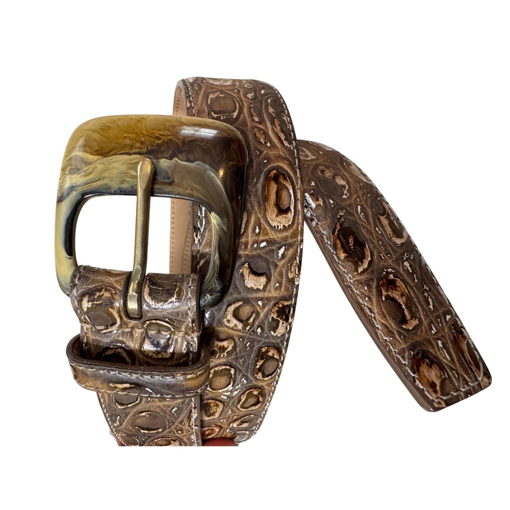 WCM New York Brown Italian Calfskin Crocodile Embossed Belt Resin Buckle Small